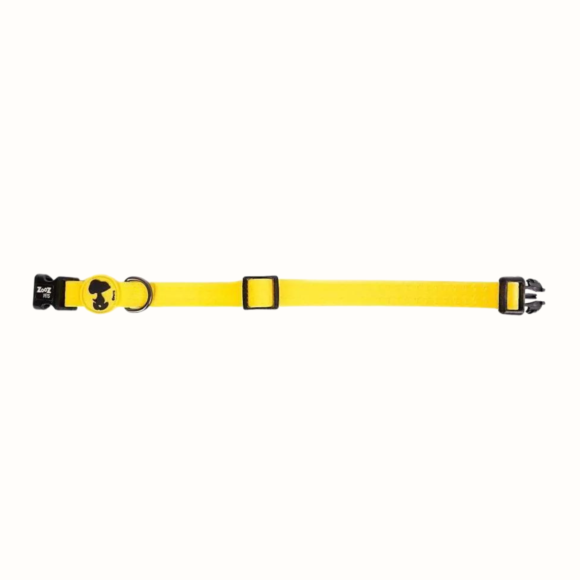 Coleira Snoopy Zooz, de cor amarelo com detalhes em preto. Vista de frente, sobre fundo branco.