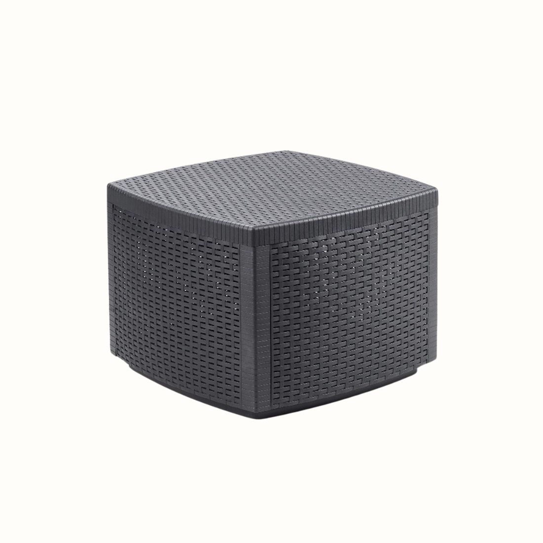 Mesa com arrumação IPAE PROGARDEN em plástico, de cor cinzenta, com acabamento trançado. Sobre fundo branco.