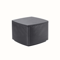 Mesa com arrumação IPAE PROGARDEN em plástico, de cor cinzenta, com acabamento trançado. Sobre fundo branco.