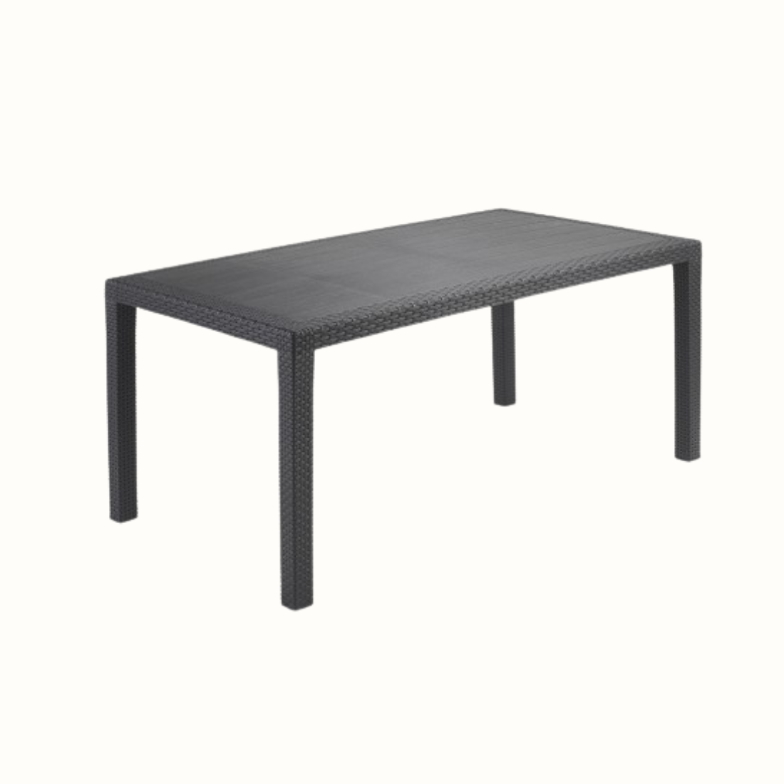 Mesa retangular IPAE PROGARDEN em plástico, de cor cinzenta, com ranhuras e acabamento trançado e 4 pés de suporte. Sobre fundo branco.