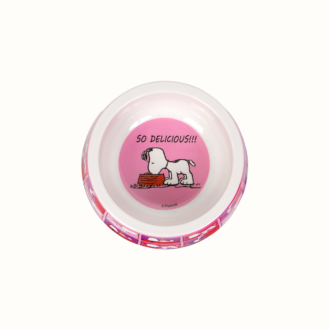 Comedouro ZOOZ para animal, em plástico, com design do Snoopy, cor de rosa, roxo e vermelho. Visto de cima, sobre fundo branco. 