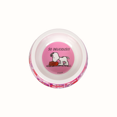 Comedouro ZOOZ para animal, em plástico, com design do Snoopy, cor de rosa, roxo e vermelho. Visto de cima, sobre fundo branco. 