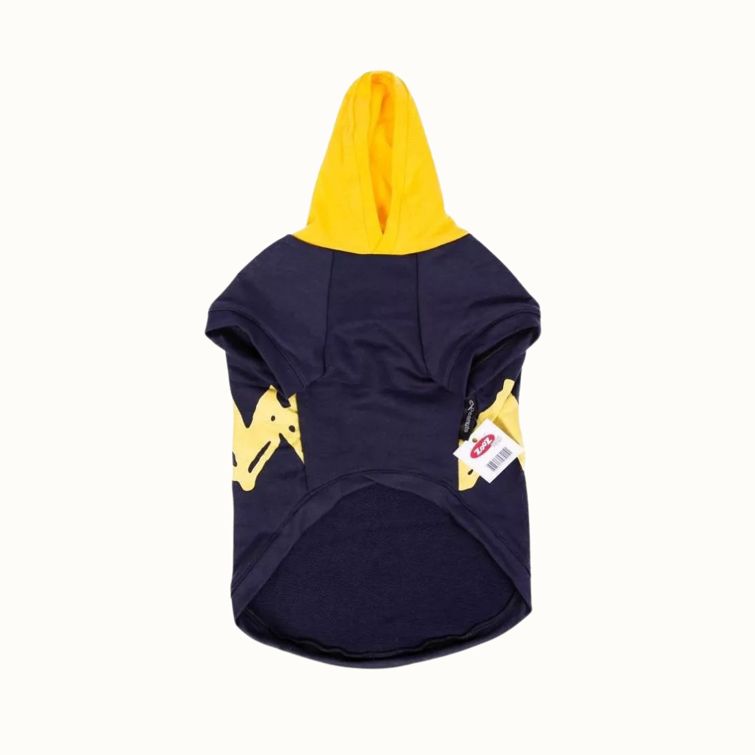 Sweatshirt ZOOZ para cão com design do Snoopy, de cor azulmarinho, com capuz e detalhes em amarelo. Estampa do  personagem. Vista do angulo inferior, sobre fundo branco.  